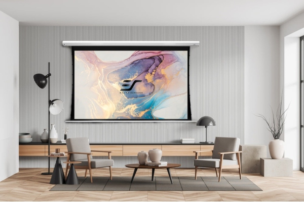 Professzionális elektromos vetítővászon, fal/mennyezet, 265.7 x 149.6 cm, feszített, Saker SKT120XHW-E20, 16:9